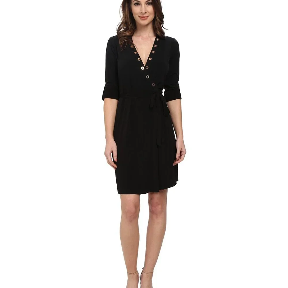 Calvin Klein Black Mini Wrap Dress with Grommet Detail